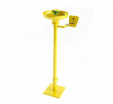 Floor mounted foot paddle operated eye wash station