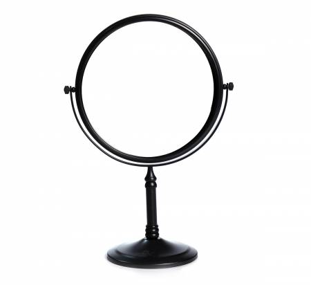 Black round table top 5X magnifying mirror with brass finish 